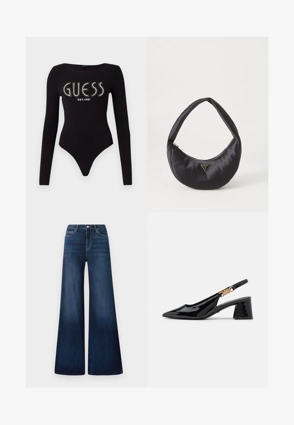 Bodysuit negro de manga larga con escote redondeado, que presenta "GUESS" en pedrería y "EST.1981" en blanco, confeccionado en una tela elástica.; Vaqueros de pierna ancha azul oscuro con una cintura alta, hechos de denim, con un ligero desgaste, bolsillos delanteros y un cierre de botón clásico.; Zapatos de charol negro con tacón de pala y puntera afilada, con detalles en tono dorado en la correa, que presentan un tacón cuadrado. Textura suave.; Bolso de satén negro con forma curva, que cuenta con un cierre de cremallera y un logo triangular en metal en la parte delantera. Textura suave y diseño elegante.