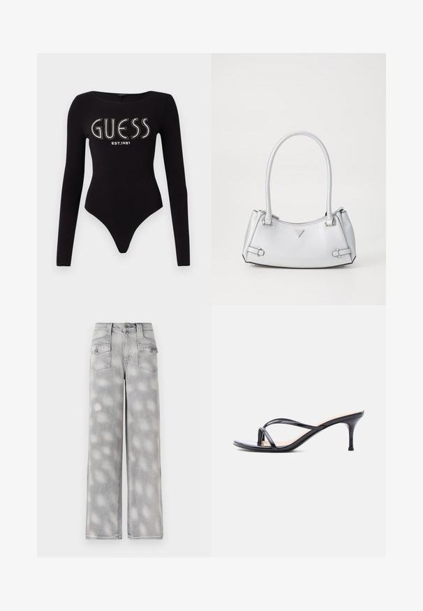 Sort langærmet bodystocking med en scoop-halsudskæring, prydet med "GUESS" i rhinsten og "EST.1981" i hvid, lavet af strækstof.; Lys grå denim brede bukser med høj talje, fire lommer og et falmet mønster for en afslappet pasform.; Sort laklædersandal med hæl, tynde krydsede remme og en slank mellemhøj stilethæl på en hvid baggrund.; Sølv håndtaske med et struktureret design, der har to håndtag, en skinnende overflade, accenthardware og et trekantet logo på fronten.