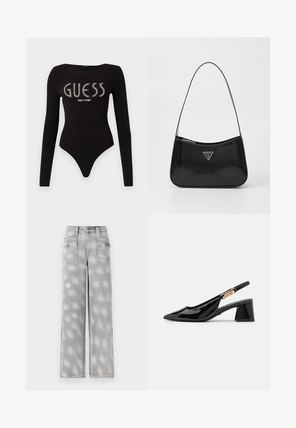 Bodysuit negro de manga larga con escote redondeado, que presenta "GUESS" en pedrería y "EST.1981" en blanco, confeccionado en una tela elástica.; Vaqueros de mezclilla de tiro alto en gris claro, con perneras anchas, cuatro bolsillos y un patrón desgastado para un ajuste relajado.; Zapatos de charol negro con tacón de pala y puntera afilada, con detalles en tono dorado en la correa, que presentan un tacón cuadrado. Textura suave.; Bolso de hombro de charol negro con forma curva, que presenta un logotipo triangular plateado y un cierre de cremallera. Textura suave y correa delgada.
