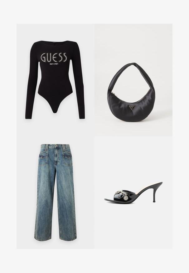 Bodysuit noir à manches longues avec un décolleté en scoop, présentant "GUESS" en strass et "EST.1981" en blanc, conçu en tissu extensible.; Jean en denim bleu clair à jambes larges avec une taille haute, comportant cinq poches, des coutures visibles et une texture légèrement délavée.; Mule à talon haut en cuir verni noir avec bout ouvert et breloques argentées décoratives comprenant une fleur et un cadenas sur la bride avant.; Sac à main en satin noir avec une forme courbée, doté d'une fermeture à glissière et d'un logo triangulaire en métal à l'avant. Texture lisse et design épuré.