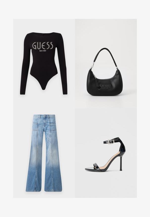 Bodysuit negro de manga larga con escote redondeado, que presenta "GUESS" en pedrería y "EST.1981" en blanco, confeccionado en una tela elástica.; Vaqueros acampanados de color azul claro hechos de mezclilla. Cuentan con una cintura alta, cuatro bolsillos y un efecto de degradado desvaído hacia el dobladillo.; Sandalia de tacón alto en piel sintética negra con correa en el tobillo. Presenta un diseño minimalista, punta abierta y una hebilla con detalles de pedrería.; Bolso de hombro sintético negro con forma curvada, que presenta una cremallera plateada y un logo en relieve de "tommy jeans" en la parte frontal.