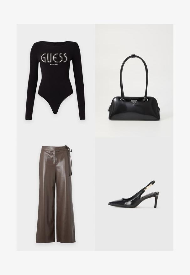 Sort langærmet bodystocking med en scoop-halsudskæring, prydet med "GUESS" i rhinsten og "EST.1981" i hvid, lavet af strækstof.; Brune faux læder vide bukser med høj talje og sidesnor-detalje på hvid baggrund.; Sort læder slingback højhælede sko med spidse tæer, glat overflade og en smal ankelrem med guldfarvede hardware detaljer.; Sort glanshandtaske med en buet silhuet, to håndtag og en frontlogo-plakette. Lynlås lukning og skinnende hardware-detaljer.