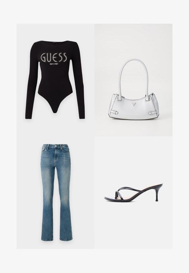 Sort langærmet bodystocking med en scoop-halsudskæring, prydet med "GUESS" i rhinsten og "EST.1981" i hvid, lavet af strækstof.; Lys blå denim flared jeans med fem lommer, høj talje og sy detaljer. Stoffet viser en let falmet vask og en glat tekstur.; Sort laklædersandal med hæl, tynde krydsede remme og en slank mellemhøj stilethæl på en hvid baggrund.; Sølv håndtaske med et struktureret design, der har to håndtag, en skinnende overflade, accenthardware og et trekantet logo på fronten.