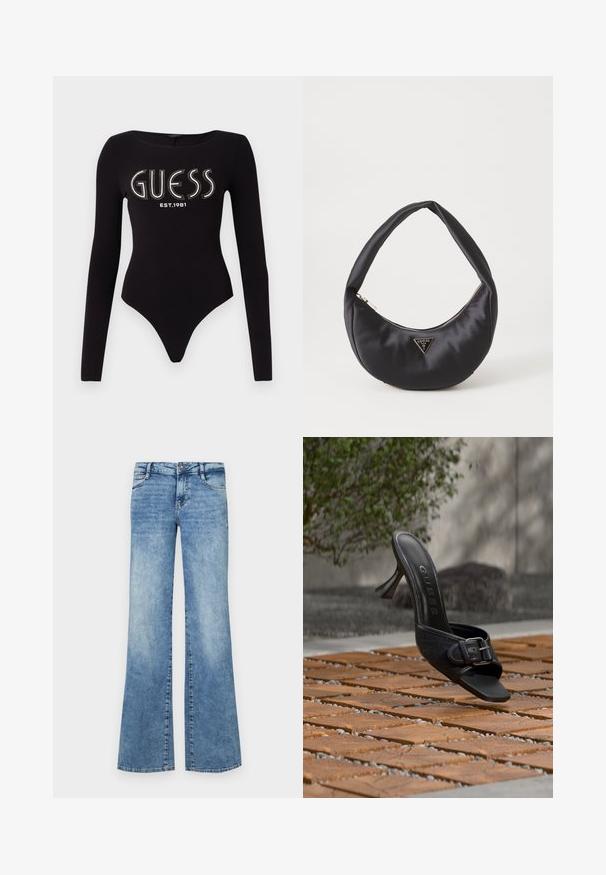 Čierny body s dlhým rukávom a okrúhlym výstrihom, s nápisom "GUESS" vyrobeným z kamienkov a "EST.1981" v bielej farbe, vyrobený z elastického materiálu.; Svetlo modré rozšírené džínsy vyrobené z denimu. Majú zapínanie na gombík, päť vreciek a vybledlé detaily pre opotrebovaný vzhľad.; Čierne vysoké podpätkové mule s detailom pracky, logo "GUESS" na stielke, vznášajúc sa nad drevenou dlažbou vonku s rozmazaným zeleným pozadím.; Čierna saténová kabelka s zakriveným tvarom, so zipsovým uzáverom a trojuholníkovým kovovým logom na prednej strane. Hladká textura a elegantný dizajn.