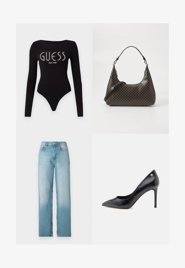 Must täispika varrukaga bodysuit musta värvi, ümmarguse kaelusega, millel on "GUESS" kristallidega ja "EST.1981" valge värviga, valmistatud venivast kangast.; Helehallid kõrge vöökohaga sirge säärega teksapüksid, ees nööbi ja tõmblukuga, ees ja taga taskud, valgel taustal.; Mustast nahast kõrged kontsaga kingad terava varbaga, millel on lõigatud disain ja väike kuldne logo kontsal.; Must musta õla võimalus, millel on korduv beež geomeetriline muster, kuldne lukustus ning kaks reguleeritavat rihma valgel taustal.