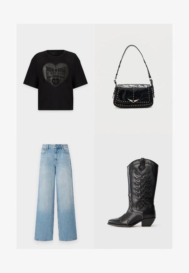 Schwarzes T-Shirt mit kurzen Ärmeln, großem herzförmigem silbernem Nietendesign und dem Satz "Rock n Roll is not dead" mittig vorne.; Helle blaue weit geschnittene Jeans mit hoher Taille, ausgestattet mit Verblassungen an den Beinen, Gürtelschlaufen sowie einem traditionellen Metallknopf und Reißverschluss.; Schwarzer Cowboystiefel aus Leder mit goldfarbenen Nieten, spitzer Spitze, dekorativer Naht und kurzem Blockabsatz. Prägung mit Blattmuster am Schaft.; Schwarze Leder-Schultertasche mit silbernen Nieten und geflügeltem Metall-Emblem auf der Frontklappe vor einfarbigem Hintergrund.