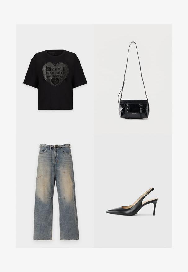 Zwart T-shirt met korte mouwen met een groot hartvormig zilverkleurig studdesign en de zin "Rock n Roll is not dead" gecentreerd op de voorkant.; Lichtblauwe denim jeans met een losse, recht gesneden pasvorm. Voorzien van slijtageplekken, vervaging en distressed details bij de knieën. Klassiek five-pocket ontwerp.; Zwarte leren slingback-hakken met een spitse neus, verstelbare band en een elegante stiletto-hak, met een gladde afwerking.; Zwarte leren schoudertas met verstelbare riem, twee verticale ritsen aan de voorkant en een klein metalen vleugelembleem onder de ritsen.
