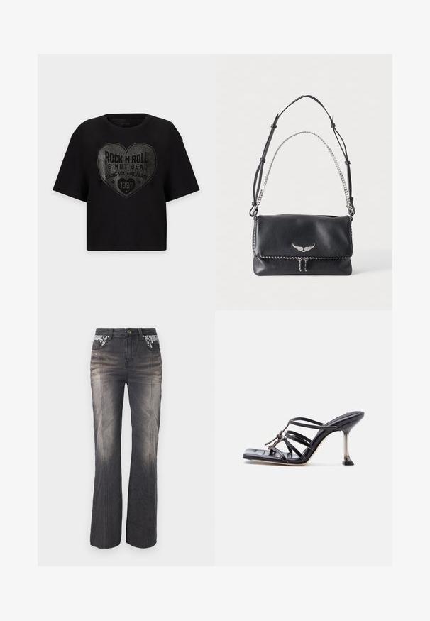 T-shirt noir à manches courtes avec un grand motif en clous argentés en forme de cœur et la phrase "Rock n Roll is not dead" centrée sur le devant.; Jeans en denim noir avec un design à jambes droites, présentant des détails en dentelle sur les poches et un léger dégradé. Les éléments en métal comprennent un bouton et des rivets.; Sandale à talon haut noire avec brides fines, bout carré et talon stiletto mince, présentant des brides qui se croisent et un nœud décoratif sur le dessus.; Sac à bandoulière en cuir noir avec emblème d'aile argenté, sangle en cuir réglable et poignée chaîne argentée sur fond uni.