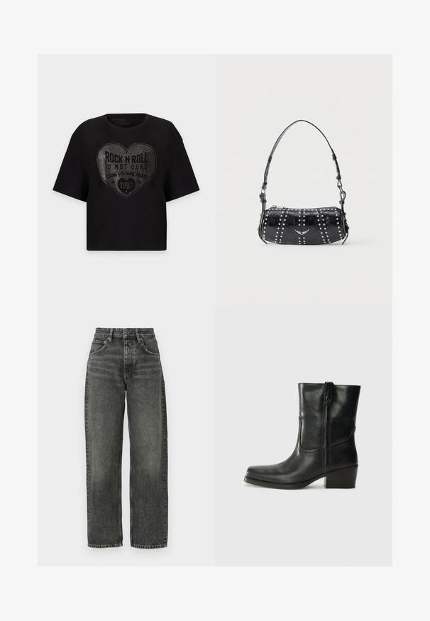 Sort T-shirt med korte ærmer med stort hjerteformet sølvnitte-design og sætningen "Rock n Roll is not dead" centreret foran.; Won Hundred ALEXANDRA - Jeans Relaxed Fit - tinted black; Sort læder ankelstøvle med rundt tå, blokhæl, lynlås i siden og stikninger på vampsiden. Glat tekstur, klassisk design.; Sort skuldertaske i laklæder med sølvnitter i lodrette rækker og et lille sølvfugleemblem midt på fronten.