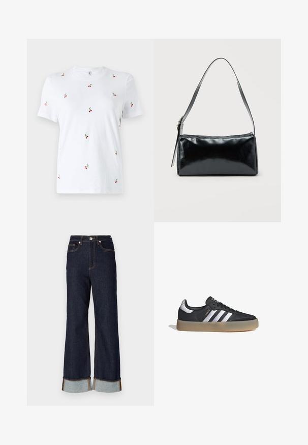 Camiseta de algodón blanca de manga corta, con bordados de cerezas rojas dispersas y tallos verdes como detalles decorativos clave.; Jeans de mezclilla oscura de pierna ancha con dobladillo sin terminar, costuras naranjas en contraste y dos bolsillos delanteros; los puños enrollados revelan mezclilla más clara debajo.; Zapatilla deportiva de cuero negro con tres rayas plateadas, punta texturizada y suela de goma. Cuenta con un collar acolchado y un diseño con cordones.; Bolso de hombro rectangular negro con una correa ajustable y un cierre de cremallera superior sobre un fondo liso.