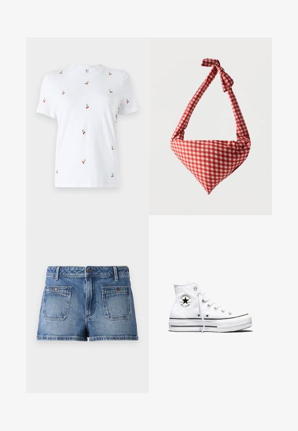 Camiseta de algodón blanca de manga corta, con bordados de cerezas rojas dispersas y tallos verdes como detalles decorativos clave.; Pantalones cortos de mezclilla en azul claro con un acabado desvaído, diseño de cinco bolsillos, dos bolsillos frontales, dos bolsillos traseros y una cintura con botón.; Zapatilla blanca de caña alta Converse Chuck Taylor All Star con parche de logo negro y cordones blancos, presentada sobre fondo blanco.; Bolso de tela suave para el hombro con patrón de cuadros rojos y blancos, asa con nudo y forma triangular sobre un fondo liso.