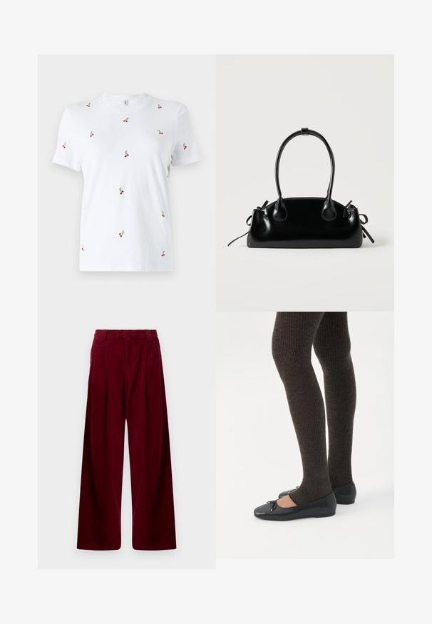 T-shirt en coton blanc à manches courtes, ornée d'une broderie de cerises rouges dispersées et de tiges vertes comme principaux détails décoratifs.; Pantalon en velours côtelé bourgogne à jambes larges, avec des plis avant et une texture lisse. Aucun matériel ou motif visible.; Jambes portant des leggings côtelés foncés associés à des ballerines noires avec de petits détails en nœud sur fond blanc.; Petit sac à main noir brillant avec deux longues anses et des détails à cordon sur les côtés sur un fond clair uni.