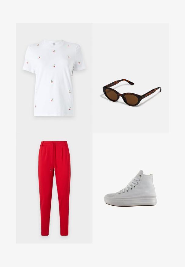 T-shirt en coton blanc à manches courtes, ornée d'une broderie de cerises rouges dispersées et de tiges vertes comme principaux détails décoratifs.; Pantalons rouges fuselés avec une taille élastique à cordon et des plis à l'avant, présentés sur un fond blanc.; Baskets montantes en toile blanche avec lacets blancs, œillets métalliques, semelle épaisse en caoutchouc et bout texturé, orientées vers la gauche sur fond blanc.; Lunettes de soleil en écaille de tortue marron avec une forme vintage de lunettes cat-eye et des verres marron. Présente des branches courbées avec des accents rouges.