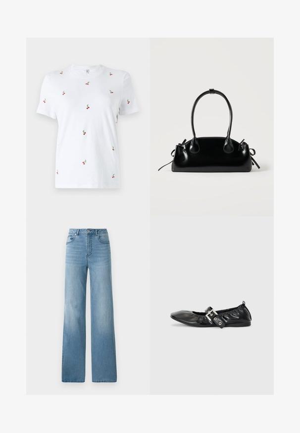 Weißes Baumwoll-T-Shirt mit kurzen Ärmeln, das mit verstreutem roten Kirschstickerei und grünen Stängeln als wichtigen dekorativen Details versehen ist.; Helleblaue hochtaillierte Jeans mit geradem Bein. Aus Denim gefertigt, mit fünf Taschen und einem Knopfverschluss.; Schwarze Leder-Ballerinas mit spitzem Zehenbereich, gerafften Details am Schaft und einem silbernen Schnallenakzent am verstellbaren Riemen.; Kleine schwarze glänzende Handtasche mit zwei langen Griffen und seitlichen Kordelzug-Details vor einfachem hellem Hintergrund.
