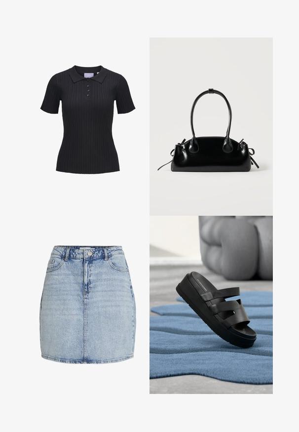 Camiseta tipo polo negra de manga corta con tejido de punto acanalado, cuatro botones y cuello tradicional.; Mini falda de mezclilla azul claro con cierre frontal de botones y cremallera, trabillas para cinturón y bolsillos delanteros.; Sandalia diapositiva negra de plataforma con tres tiras, descansando sobre una alfombra azul de textura ondulada, en interiores cerca de un sofá redondeado y desenfocado.; Pequeño bolso negro brillante con dos asas largas y detalles de cordón lateral sobre un fondo claro liso.