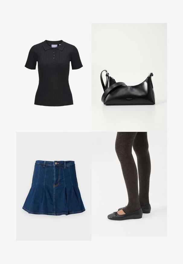 Sort kortærmet ribstrikket polo i strik med fire knapper og traditionelt krave.; Jeansnederdel i mørkeblå med plisseret design, fem lommer, frontknaplukning og kontrasterende syninger.; Ben iført mørke ribbede leggings kombineret med sorte balletsko med små sløjfedetaljer på hvid baggrund.; Sort læderhåndtaske med en glat tekstur. Har en justerbar stropp og et enkelt, minimalistisk design med lynlås.