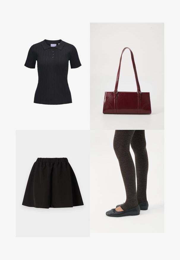 Camiseta tipo polo negra de manga corta con tejido de punto acanalado, cuatro botones y cuello tradicional.; Falda negra con cintura elástica, forma en línea A y dobladillo a la altura de la rodilla, diseño liso, mostrada extendida sobre un fondo blanco.; Piernas con leggings oscuros acanalados combinados con bailarinas negras que presentan pequeños detalles de lazo sobre un fondo blanco.; Bolso burdeos hecho de material brillante, de forma rectangular, con dos asas para el hombro y sutiles acentos curvados en la parte frontal.