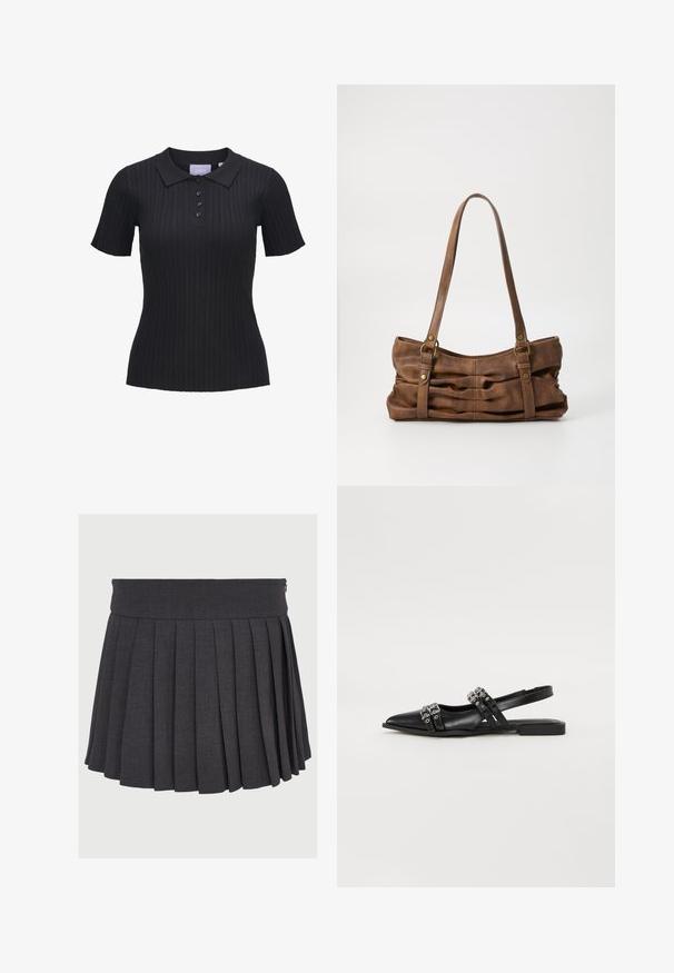 Camiseta tipo polo negra de manga corta con tejido de punto acanalado, cuatro botones y cuello tradicional.; Falda gris con pliegues, con una cinturilla plana y cierre de cremallera, hecha de una tela texturizada, que presenta pliegues profundos de espaciado uniforme.; Even&Odd Bailarinas con tira trasera - black; Even&Odd Bolso de mano - brown