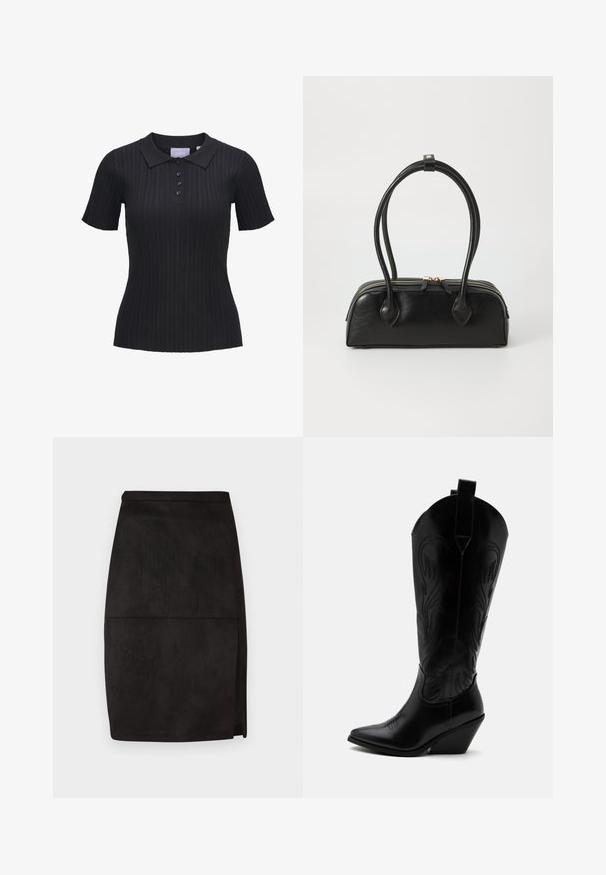 Zwart kortademig geribbeld katoenen poloshirt met vier knopen en een traditionele kraag.; Zwarte suède pencil skirt met een rechte snit, een subtiele zijspleet en een zachte textuur. Eenvoudige tailleband en een strak design.; Zwarte leren cowboylaars met puntige neus, schuine blokhak, decoratieve stiksels en aantreklusjes bovenaan tegen een witte achtergrond.; Zwarte leren handtas met twee verlengde handvatten, ritsluiting en ronde vorm; gladde textuur met subtiele glanzende afwerking.