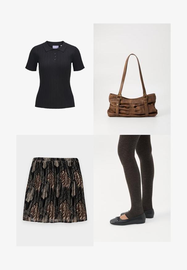 Camiseta tipo polo negra de manga corta con tejido de punto acanalado, cuatro botones y cuello tradicional.; Falda negra con una cintura fruncida, que presenta un patrón abstracto en tonos marrón y beige, acentuada con líneas y texturas metálicas.; Piernas con leggings oscuros acanalados combinados con bailarinas negras que presentan pequeños detalles de lazo sobre un fondo blanco.; Even&Odd by Zalando Bolso de mano - brown