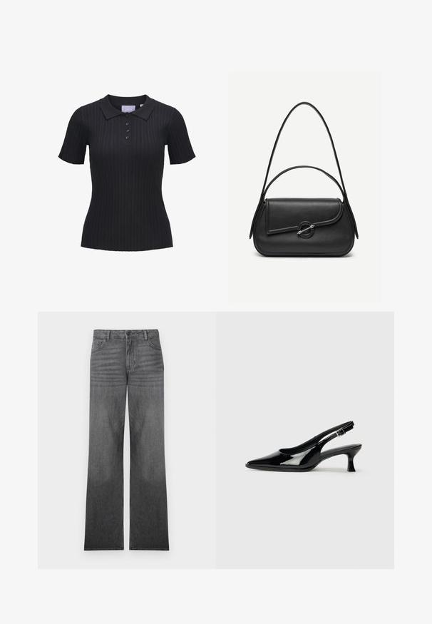 Polo noir à manches courtes en maille côtelée avec quatre boutons et un col traditionnel.; Jean en denim gris à jambes larges avec un lavage moyen, présentant un design à cinq poches, une fermeture à bouton sur le devant et des détails de couture subtils.; Escarpins en cuir verni noir avec un bout pointu et un petit talon carré. Sangle réglable à la cheville avec boucle.; Sac à main en cuir noir avec bords arrondis, rabat asymétrique, fermoir circulaire en métal, et des bandoulières courtes et longues.