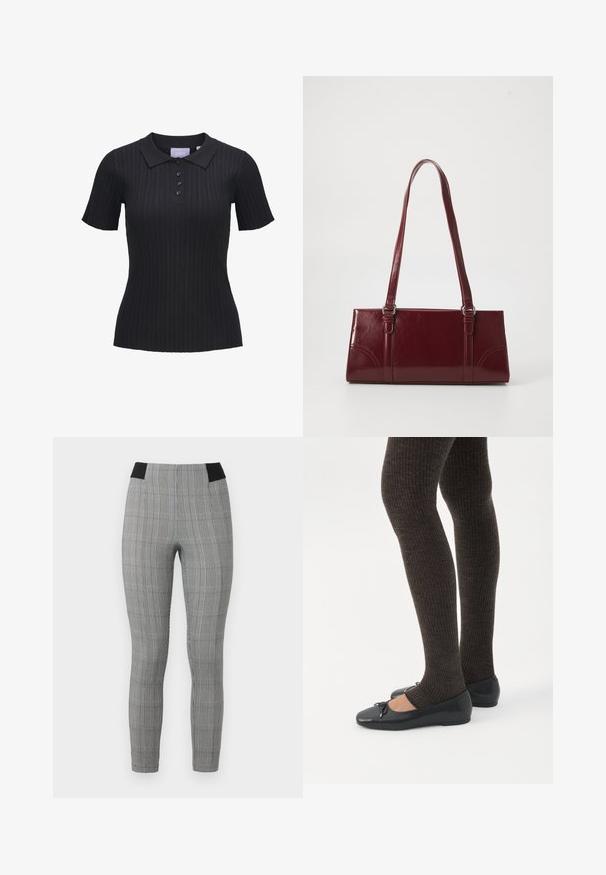 Sort kortærmet ribstrikket polo i strik med fire knapper og traditionelt krave.; Grå ternede leggings med en tætsiddende pasform, der har en sort elastisk talje og sidelommer. Tekstureret stof med et ternet mønster.; Ben iført mørke ribbede leggings kombineret med sorte balletsko med små sløjfedetaljer på hvid baggrund.; Bordeaux håndtaske lavet af glansfuldt materiale, rektangulær form, med to skulderremme og subtile buede detaljer på forsiden.
