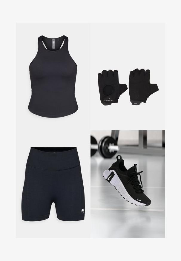 ONLY Play ONPSANA SHORT - Top - black; Bermudas deportivas negras con una tela suave y paneles laterales de malla. Cuentan con una cinturilla ancha y un pequeño logotipo en la parte inferior de la pierna.; Zapatilla deportiva negra con parte superior de tela texturizada, suela blanca y sistema de cordones prominente. Presenta un logo de Nike y un diseño suave y acolchado.; Guantes sin dedos negros con un diseño texturizado. Hechos de un material transpirable, cuentan con un orificio para el pulgar y una palma reforzada para mejorar el agarre.