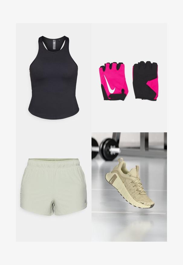 ONLY Play ONPSANA SHORT - Top - black; Lys grønne atletiske shorts lavet af åndbart stof, med perforeret tekstur og elastisk talje. Logo trykt på siden.; Beige sportsko med tekstureret overdel, bred sål og brune accenter. Har snørebåndsdesign og et fremtrædende mærkelogo.; Korte lyserøde handsker med sorte accenter, der har et hvidt Nike-logo, polstrede håndflader og fingerløst design for bedre greb og fleksibilitet.