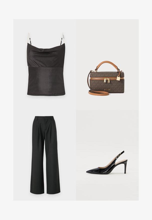 Zwarte satijnen mouwloze top met watervalhals en dunne gouden ketting schouderbandjes op witte achtergrond.; Won Hundred CAMILLE TROUSERS - Broek - licorice; Zwarte gepatineerde leren slingback pump met een puntige neus, slanke hak en een subtiel uitgesneden ontwerp. Bevat een gouden gesp op de band.; Bruine handtas met monogram en gouden hardware, dubbele ritsen, een handvat aan de bovenkant en een afneembare schouderriem. Getextureerd synthetisch materiaal.