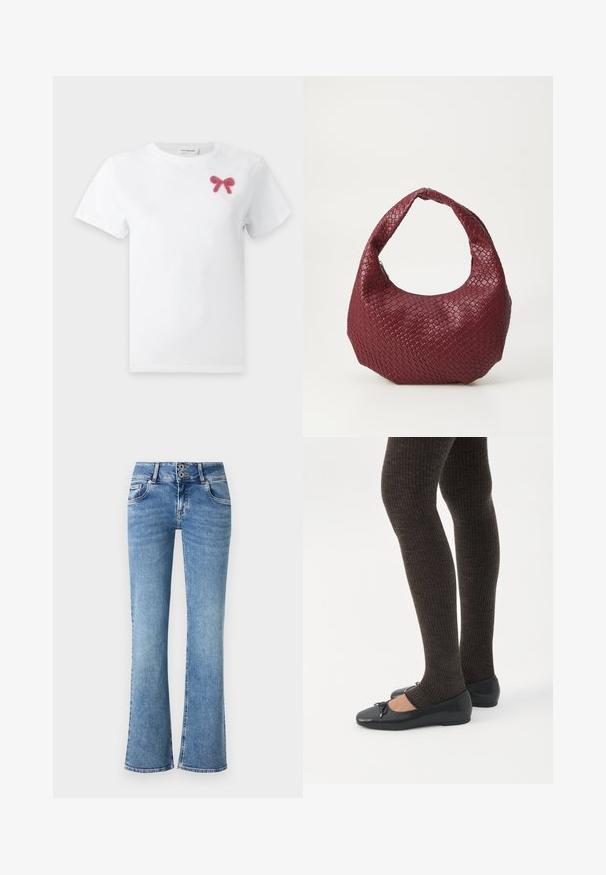 Weißes kurzärmeliges T-Shirt mit einer kleinen rosa Perlen-Schleife auf der oberen linken Brustseite.; Blaue Jeans mit weit ausgestelltem Bein und hoher Taille, Doppelknopfverschluss, fünf Taschen und gestickten Details an den Nähten.; Beine in dunklen, gerippten Leggings kombiniert mit schwarzen Ballerinas mit kleinen Schleifendetails auf weißem Hintergrund.; Geflochtener burgunderfarbener Handtasche mit einer runden Silhouette, einem einzelnen Griff und einer strukturierten Oberfläche. Reißverschluss oben.