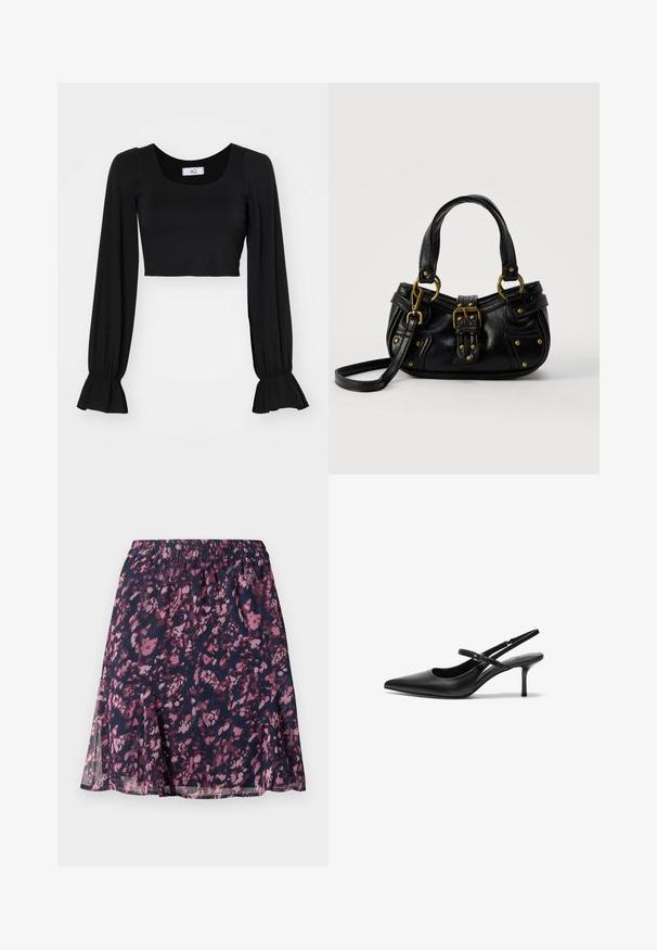 Top court noir avec un décolleté carré, des manches longues bouffantes et des poignets froncés. Fabriqué en tissu doux avec une texture lisse.; Jupe marine avec taille élastique, ornée d'un motif floral abstrait rose et violet et d'un ourlet légèrement évasé.; Talons aiguilles noires en cuir avec un bout pointu, une fine bride réglable, et un talon aiguille d'environ 5 cm, texture lisse.; Sac à main en cuir noir avec boucle dorée et détails à rivets, poignées courtes et bandoulière réglable sur fond blanc uni.