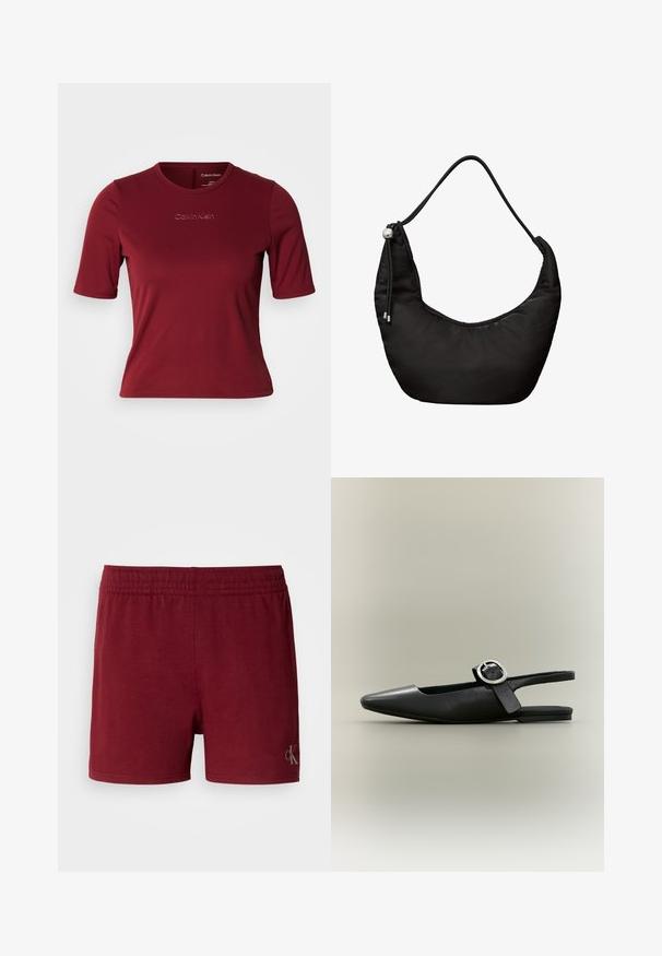 Donkerrode T-shirt met korte mouwen gemaakt van gladde stof met een ronde hals. Voorzien van een aangebracht "Calvin Klein" logo op de voorkant.; Bordeaux sportshorts van een zachte katoenmix, met een elastische tailleband en een klein logoaccent op de onderzoom.; Zwarte puntschoen met lage hak en zilveren gesp, slingback model op een neutrale achtergrond.; Zwarte schoudertas in halve maanvorm met verstelbare koordband en klein geperst CK-logo in het midden onderaan.