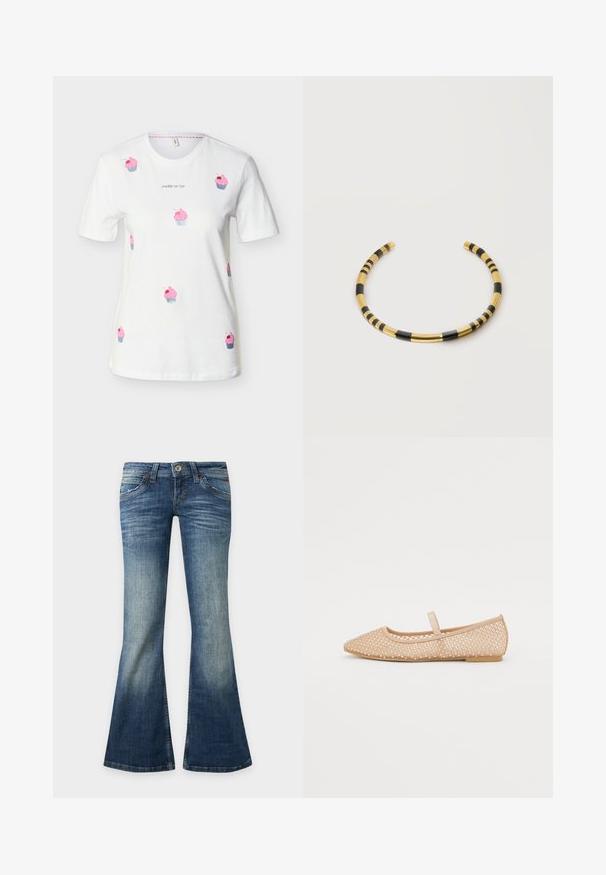Hvid T-shirt med korte ærmer med lyserøde cupcake-tryk og teksten "CHERRY ON TOP" centreret på brystet.; Blå denimjeans med falmet effekt, lav talje, forlommer og udvidede vide ben.; Nude mesh ballet flats med spids toe, dekorative rhinestones og en flad sål. Har en lille rem over vristen.; Åben guldkæde med vekslende sorte og gyldne cylindriske segmenter på en hvid baggrund.