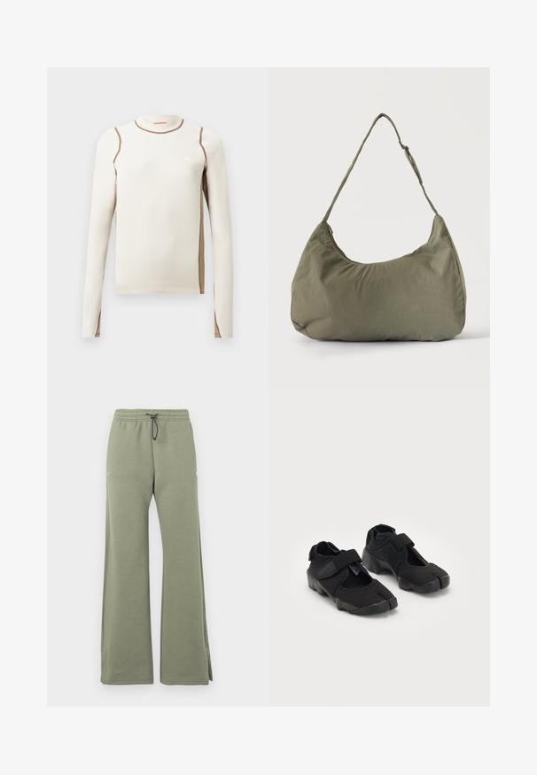 Langærmet lys beige top med en tætsiddende design, ribbet tekstur, kontrasterende brune sømme og et lille hvidt trekantet logo på brystet.; Olivengrønne vidde sweatpants med elastisk talje og sort snor, med lille neongrønt logo på venstre lår.; Sorte vandsko lavet af fleksibelt stof med en velcrorem, der har et unikt split-tå design og en tekstureret gummisål for bedre greb.; Skuldertaske i blødt olivengrønt stof med lynlås og justerbar rem på ensfarvet, lyst baggrund.