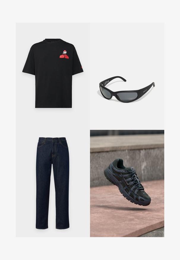 Schwarzes Baumwoll-T-Shirt mit kurzen Ärmeln, rundem Ausschnitt und rographic "NEW ERA" auf der linken Brust. Einfaches, lockeres Design.; Dunkelblaue Jeans aus Denim, mit geradem Bein, mittelhoher Taille, orangen Nähten und einem klassischen Fünf-Taschen-Design.; Dunkelgrauer Nike Laufschuh mit Mesh- und Synthetikdesign, schwebt über einer rosa Betonfläche vor grauem Stein-Hintergrund.; Schwarze Sonnenbrille mit einem geschwungenen Rahmen und dunklen Gläsern. Sie verfügt über eine matte Oberfläche und den Markennamen "ARNETTE" an der Seite.