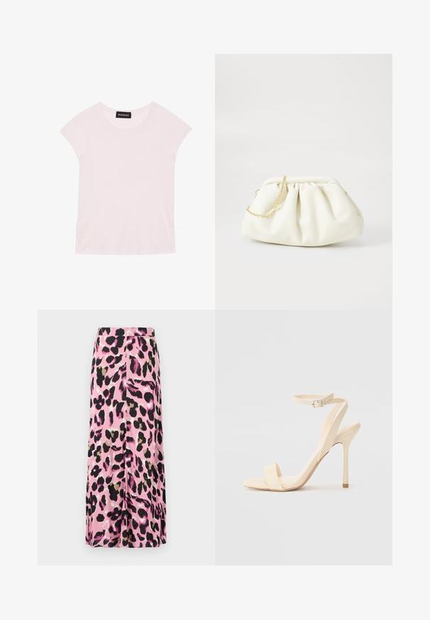Helles rosa T-Shirt mit kurzen Ärmeln, rundem Ausschnitt und gerafften Seitendetails. Hergestellt aus weichem, leichtem Stoff.; Rosa Rock mit einem Tiermuster in Schwarz, Gold und Weiß. Glatter Stoff mit fließendem Design. Midilanger Schnitt.; Beige High Heel Sandale mit einem schmalen Knöchelriemen und quadratförmiger Zehenpartie. Glattes synthetisches Material, minimalistisches Design und Pfennigabsatz.; Weiße Lederhandtasche mit einem gerafften Design, ausgestattet mit einem goldenen Kettenriemen und einer runden Form. Glatte Textur mit sanften Falten und ohne Muster.