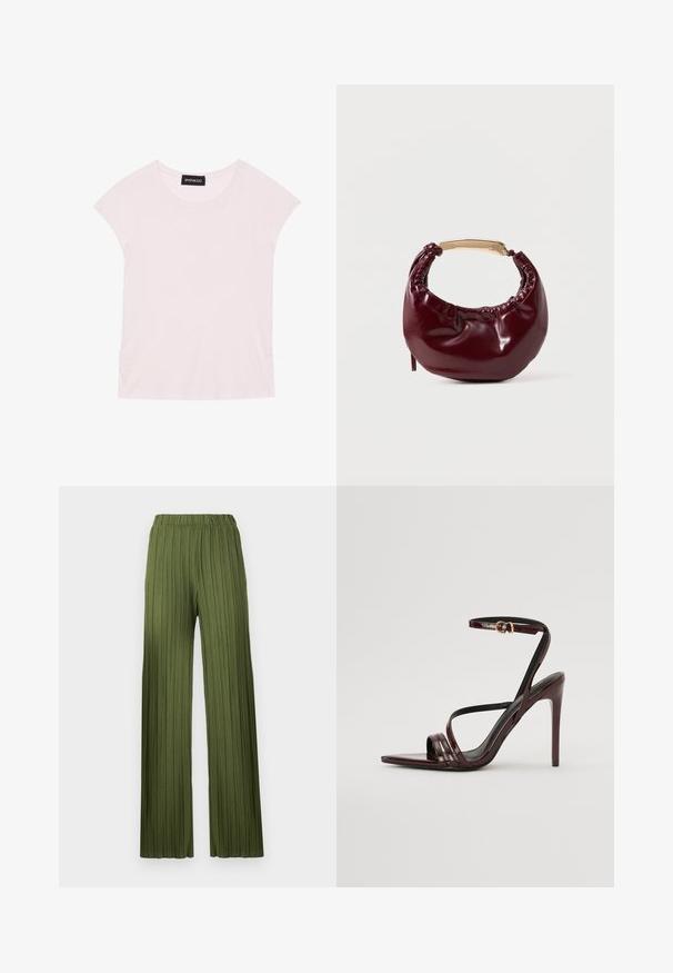 Camiseta rosa claro con mangas cortas, escote redondo y detalles fruncidos en los lados. Fabricada con tejido suave y ligero.; Pantalones anchos plisados verdes con cintura elástica. La tela texturizada presenta rayas verticales que crean una apariencia fluida.; Sandalia de tacón alto de charol burdeos con tira en el tobillo, punta afilada y tres tiras horizontales en el pie. Detalle de hebilla en tono dorado.; Bolso de mano de piel sintética burdeos con forma redondeada, detalles fruncidos y un asa de metal dorado. Textura suave y acabado brillante.