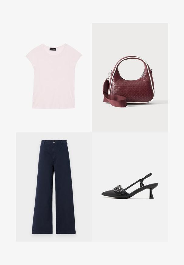 Helles rosa T-Shirt mit kurzen Ärmeln, rundem Ausschnitt und gerafften Seitendetails. Hergestellt aus weichem, leichtem Stoff.; Marineblaue, weit geschnittene Hose aus Baumwolle mit einem Frontknopfverschluss und Taschen, ausgestattet mit einer glatten Textur und taillierter Passform.; Simmi London DALA - Pumps - black; Dunkelrote gewebte Ledertasche mit gebogenem Griff, weißem Besatz, silbernem Reißverschluss und abnehmbarem breitem Stoff-Schulterriemen vor einfarbigem Hintergrund.