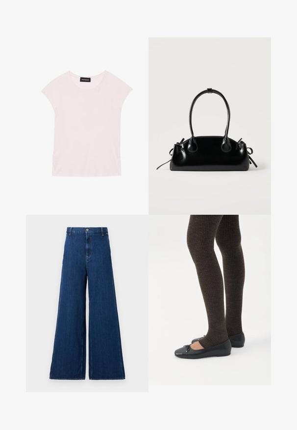 Camiseta rosa claro con mangas cortas, escote redondo y detalles fruncidos en los lados. Fabricada con tejido suave y ligero.; Replay PANTS - Vaqueros rectos - dark blue; Piernas con leggings oscuros acanalados combinados con bailarinas negras que presentan pequeños detalles de lazo sobre un fondo blanco.; Pequeño bolso negro brillante con dos asas largas y detalles de cordón lateral sobre un fondo claro liso.