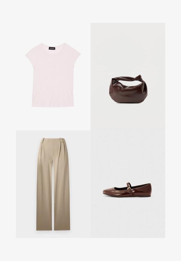 Lyserød T-shirt med korte ærmer, rund halsudskæring og indsamlede detaljer i siderne. Lavet af blødt, letvægts stof.; Beige brede bukser med en glat overflade, der har to dekorative knapper i taljen og subtile plisseringer for ekstra detaljer.; Brun patentlæder balletflade med firkantet tå og strop med en lille guldbuckle. Glat tekstur, lav hæl og minimalistisk design.; Mørkebrun læder skuldertaske med en blød, afslappet form og et snoet knudehåndtag på en ensartet hvid baggrund.