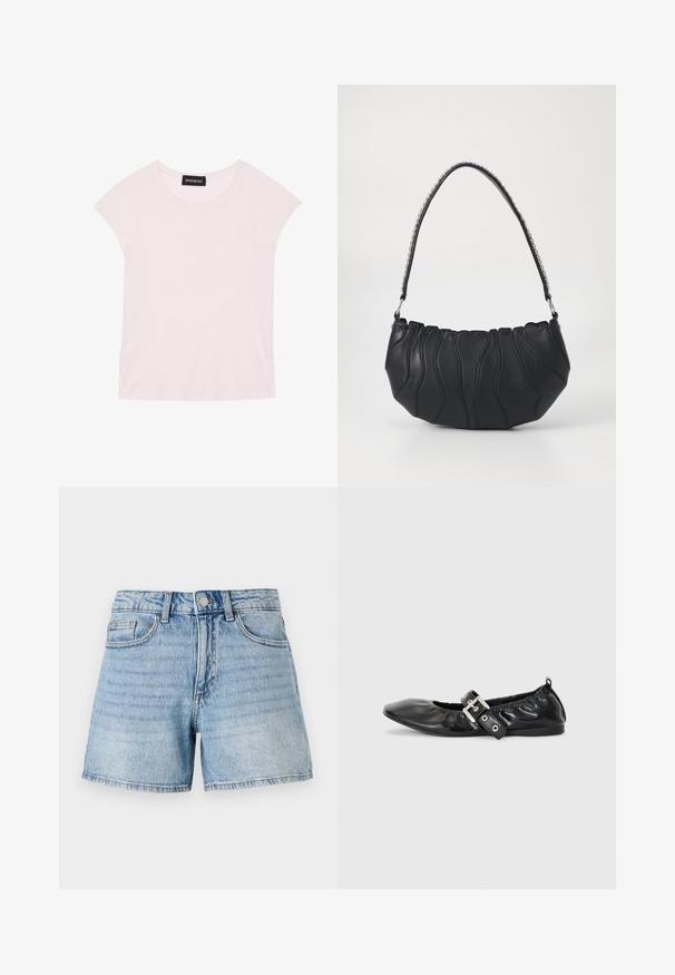 Lichtroze T-shirt met korte mouwen, ronde halslijn en gerimpelde zijdetails. Gemaakt van zachte, lichte stof.; Lichtblauwe denim shorts met een hoge taille, vijf zakken en een rafelige zoom. Voorzien van subtiele vervagingen en gouden stikdetails.; Zwarte leren platte schoen met een spitse neus, geplooide details rond de opening en een zilveren gespaccentueerde verstelbare band.; Zwarte leren handtas met een gebogen vorm, golvende stikdetails en een zilveren schouderband. Glad oppervlak, compacte maat.