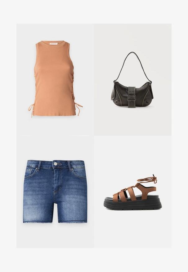 Top sans manches de couleur beige fabriqué en tissu côtelé, avec des liens sur les côtés pour un ajustement réglable et un col rond. Texture lisse, design décontracté.; Shorts en denim dans un délavage bleu moyen avec une coupe droite. Présentent des zones décolorées, une poche frontale et un ourlet brut en bas.; Sandale à brides en daim marron avec semelle plateforme noire épaisse et fermeture à lacets autour de la cheville, vue de côté sur un fond clair.; Sac à épaule en cuir noir avec une sangle à boucle, des bords arrondis et des coutures blanches contrastées sur un fond uni.