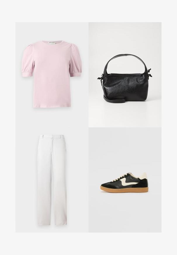Blouse rose clair à manches courtes bouffantes et encolure ronde, présentée sur fond blanc.; Pantalons blancs à coupe droite, en tissu lisse. Dotés de poches latérales et d'une taille épurée. Look minimaliste et neutre.; Baskets en daim et cuir noir avec un swoosh latéral crème et un talon crème clair. Dotées de lacets beige et d'une semelle en caoutchouc gomme.; Sac à main en cuir noir au design structuré, avec une poignée arrondie et une bandoulière amovible. Présente une texture lisse et un éclat subtil.