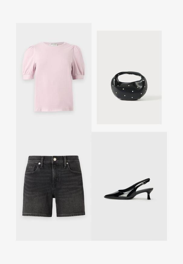 Lyserosa kortærmet bluse med puffede ærmer og rund halsudskæring, vist på en hvid baggrund.; Sorte denimshorts med et klassisk femlomme-design, der har en frontknaplukning og let falmning for tekstur.; Sorte patenterede slingback-sko med spidse tæer og lav blokhæl. Justerbar spænde-rem ved anklen.; Sort læderhåndtaske med en rundet form, dekoreret med sølvnitter, og et kort håndtag. Glat tekstur og lynlåslukning.