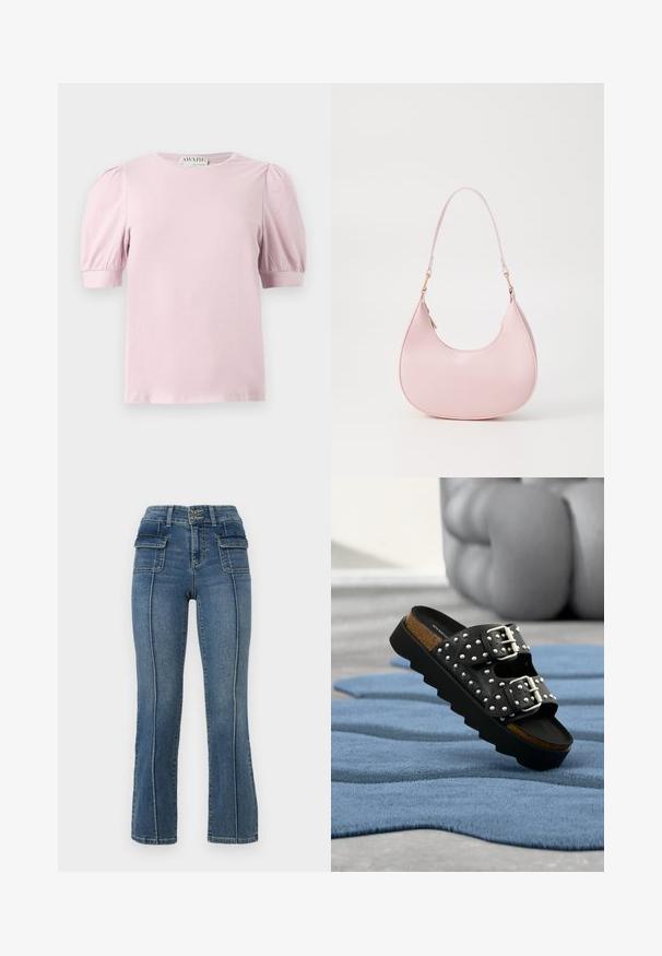 Hellrosa kurzärmlige Bluse mit Puffärmeln und rundem Halsausschnitt, auf weißem Hintergrund präsentiert.; ONLY Petite ONLWAUW MID WAIST FLARED - Flared Jeans - medium blue denim; Schwarze Slide-Sandale mit doppelten silbernen Schnallenakzenten, genietetem Design, Kork-Fußbett und dicker schwarzer Plateau-Sohle auf einem blau strukturierten Teppich.; Call it Spring CELESTY - Handtasche - other pink