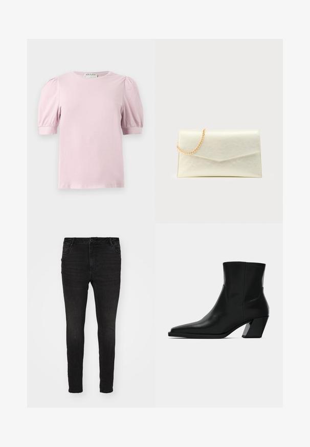 Lichtroze blouse met korte mouwen, pofmouwen en een ronde halslijn, weergegeven op een witte achtergrond.; Vero Moda Curve Skinny fit VMCFLASH Mid rise - Jeans Skinny Fit - black denim; Zwarte leren enkelboot met een spitse neus, een slanke silhoeet en een chunky vierkante hak. Gladde textuur met minimale stikdetails.; Rechthoekige crèmekleurige clutch met envelopvorm en een gouden kettingriem die over de bovenste linkerhoek hangt, op een effen achtergrond.