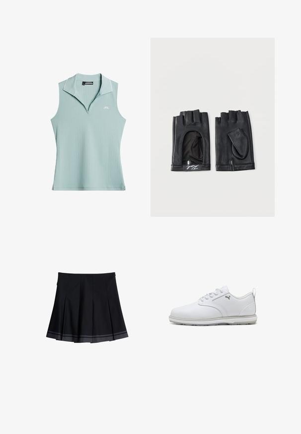 Ärmelloses, hellblaues, geripptes Poloshirt mit kleinem weißem Logo auf der linken Brust und Kragen mit weißer Paspelierung.; Schwarzer, plissierter Rock mit zwei horizontalen grauen Streifen nahe dem Saum. Der Rock hat einen glatten Taillenbund und dezente seitliche Details.; Weiße Sportschuhe mit glattem Obermaterial aus synthetischem Leder, strukturierten Akzenten, gepolsterter Knöchelstütze und gummierter Sohle mit guter Traktion. Silberne Logodetails.; Paar schwarze fingerlose Lederhandschuhe mit abnehmbaren Daumenabdeckungen und kleinem weißen Logo am Handgelenk.