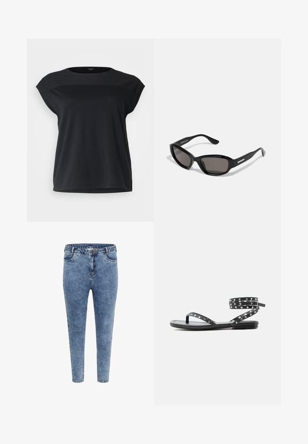 Zwart t-shirt met korte mouwen, voorzien van een textuur en een gemusterde inzet, met een relaxte pasvorm. Gemaakt van soepele katoen, met een ronde hals en een rechte zoom.; Blauwe denim skinny jeans met een hoge taille, vijf zakken en een ritsluiting. De stof heeft een licht vervaagde textuur met contrasterende stiksels.; Zwarte platte sandaal met dunne bandjes, zilveren studs en een enkelomwikkelbare gesp sluiting op een effen lichte achtergrond.; Zwarte zonnebril met een rechthoekig frame, donkere lenzen, gladde plastic materiaal en een metalen accent op de poot.