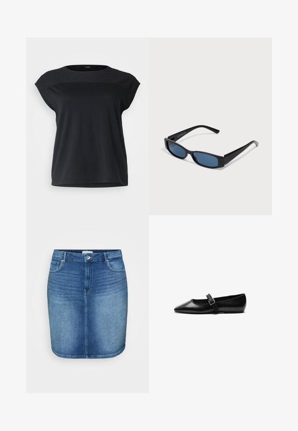 Sort kortærmet top med en struktureret, mønstret yoke og en afslappet pasform. Glat bomuldsstof med rund halsudskæring og lige kant.; Denim nederdel i mellemblå vask med en tætsiddende design, lige snit, fem-lomme stil og en talje med knaplukning foran.; Sorte flade sko lavet af læder med spidse tæer, justerbar rem med metalspænde, glat tekstur og minimalistisk design.; Sorte solbriller med en slank rektangulær ramme og blå linser. Har en glat overflade og robuste stænger. Mærkets logo på siden.