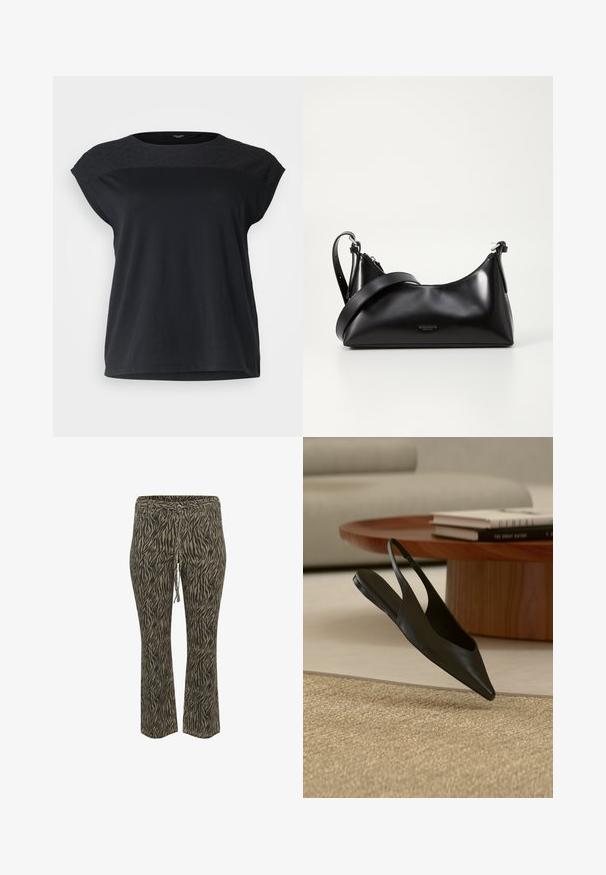 Haut noir à manches courtes avec un empiècement texturé et à motifs, de coupe décontractée. Matière en coton lisse avec un col rond et un ourlet droit.; Pantalons à taille élastique avec cordon de serrage, au motif zèbre khaki et beige. Design à taille mi-haute et jambes évasées, texture douce. Conviennent pour un usage décontracté.; Chaussure plate noire à bout pointu avec bride arrière près d'une table ronde en bois avec des livres empilés sur un tapis beige dans un salon moderne.; Sac à main en cuir noir avec une texture lisse. Dispose d'une bandoulière adjustable et d'un design élégant et minimaliste avec une fermeture éclair.